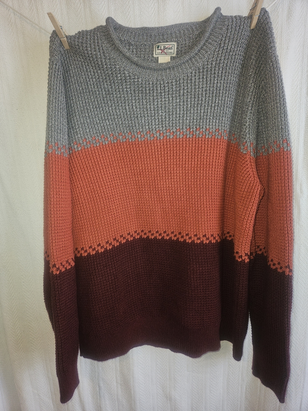 L.L. Bean Men's Heavy Colorblock Crewneck Sweater - Gray, Coral, Maroon